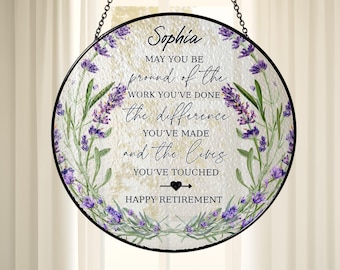 Stained Glass Retirement Suncatcher Personalized Floral Retirement Window Decor, Colleague Retirement Keepsake, Retirement Gift For Coworker