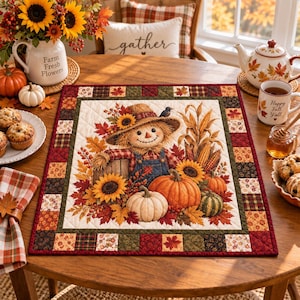Fall Scarecrow Quilted Table Topper, Pumpkin Harvest Table Mat, Autumn Patchwork Decor, Farmhouse Thanksgiving Centerpiece