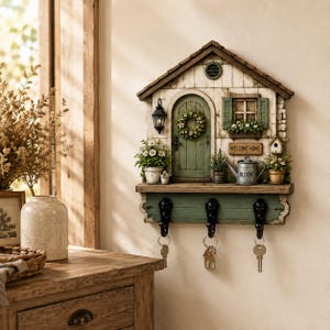 May include: A wall-mounted key holder shaped like a miniature house with a green arched door, a window with green shutters, and a small shelf. It features three black metal hooks holding keys, a metal watering can labeled BLOOM, and a sign reading WELCOME HOME.