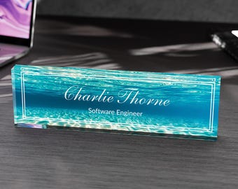 Name Plate for Desk, Sea Custom Acrylic Name Plaque, Personalized Sign with Name and Job Title, Promotion Gift, Coworkers Gifts