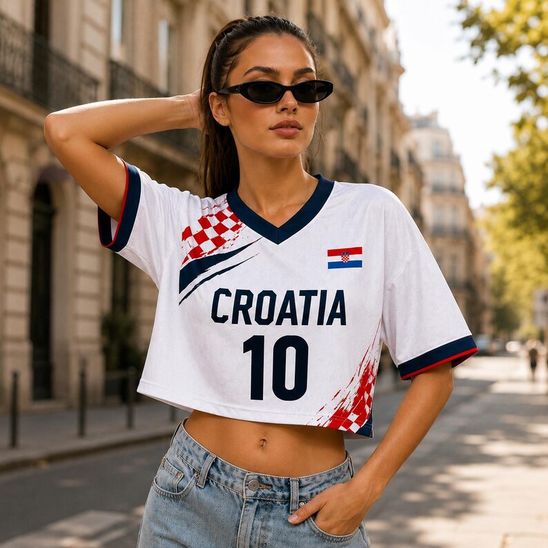 A woman wearing a white Croatia jersey with the number 10, sunglasses, and jeans stands on a city street.