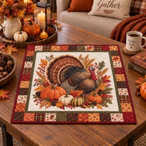 Thanksgiving Turkey Quilted Table Topper, Fall Harvest Table Mat, Autumn Patchwork Decor, Farmhouse Thanksgiving Centerpiece