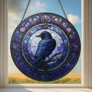 Raven Stained Glass Suncatcher, Gothic Crow Window Hanging, Unique Indoor Home Decor, Halloween Gift, Housewarming Gifts Idea for Dark Theme