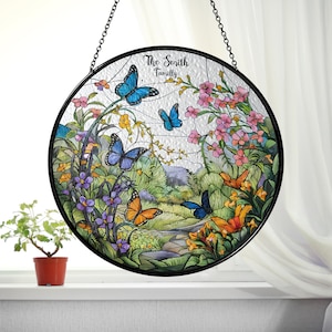 Butterfly Flowers Stained Glass Suncatcher Home Decor,Flowers Stained Glass Window Hanging,Butterfly Decor,Mother&#39;s Day,Nature Lover Gift