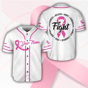 Personalized Breast Cancer Name And Number Baseball Jersey, Custom Pink Ribbon Baseball Jersey Shirt, Breast Cancer Warrior Jersey Gift