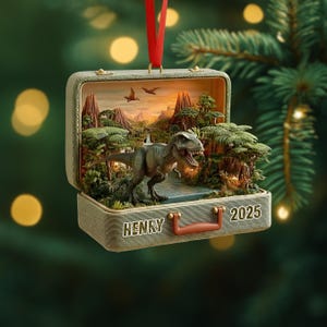 May include: A detailed Christmas ornament shaped like a vintage suitcase, featuring a miniature dinosaur scene. The interior showcases a Tyrannosaurus Rex, trees, mountains, and a sunset. The ornament is personalized with "HENRY" and "2025".