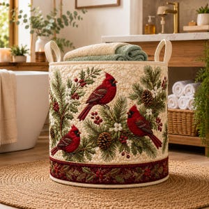 May include: A cylindrical fabric storage basket with two handles, featuring a quilted cream background decorated with red cardinal birds, green pine branches, pinecones, and white berries, finished with a dark red border at the base.