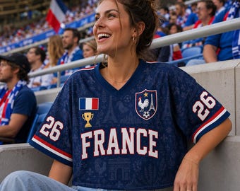 France Soccer Crop Top Jersey Summer Match 26, Custom France Soccer Jersey Crop Tee