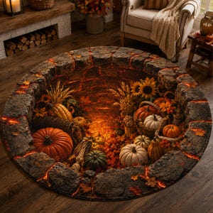 May include: A round area rug featuring a 3D optical illusion of a stone well filled with autumn harvest elements including orange and white pumpkins, sunflowers, dried wheat, corn, and fallen maple leaves, with glowing orange cracks in the stones.