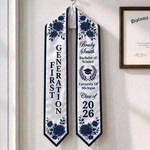 A graduation gown with the text "GENERATION" and "Brady Smith Bachelors of Science" printed on it, hanging on a wall.