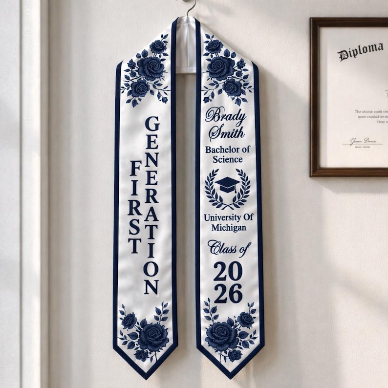 A graduation gown with the text "GENERATION" and "Brady Smith Bachelors of Science" printed on it, hanging on a wall.