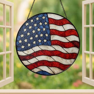 American Flag Stained Glass Suncatcher, Patriotic Window Decor, Rustic USA Theme, Veterans & Military Families, Fourth of July Gift