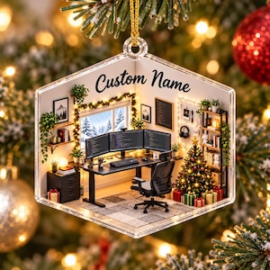 Personalized Programmer Christmas Ornament, Custom Name Software Developer Gift, Coding Desk Setup, 2D Flat Ornament, Computer Engineer Gift