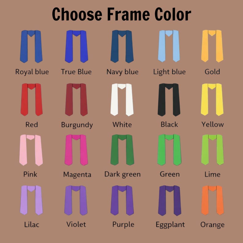a collection of 16 different frame colors, each corresponding to a different tie color, arranged in a grid format.