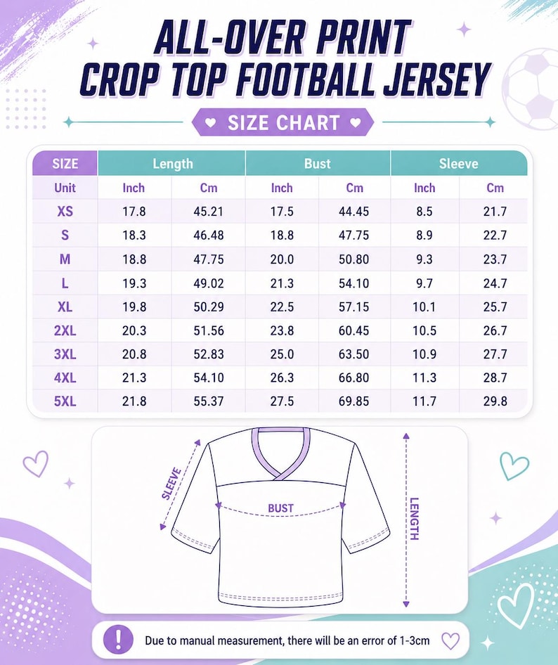 The image is a size chart for a crop top football jersey, providing measurements for different units such as XS, S, M, L, XL, 2XL, and 3XL. The chart includes a diagram of the jersey to help visualize the measurements.