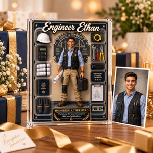 May include: A rectangular acrylic display case featuring a custom action figure of an engineer named Ethan, surrounded by miniature tools including a hard hat, calculator, blueprints, gloves, tape measure, wrench, pliers, flashlight, and clipboard.