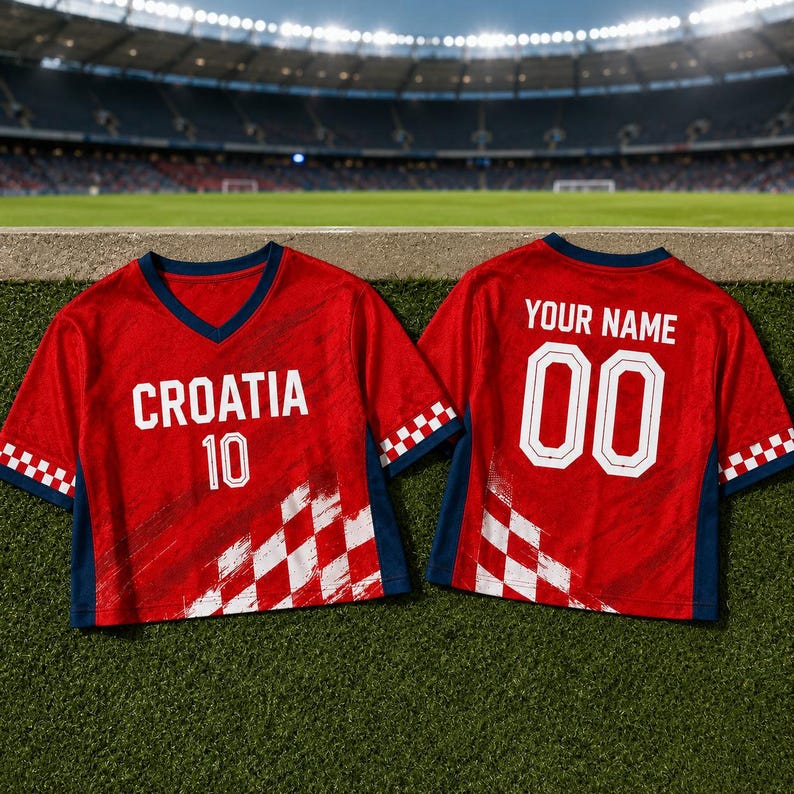 A red Croatia soccer jersey with the number 10 and the name "YOUR NAME" printed on the back, displayed on a grassy field with a stadium in the background.