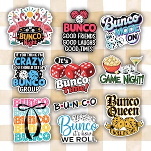 May include: A collection of colorful Bunco-themed stickers. Designs include dice, flamingos, and phrases like "Bunco Night," "Good Friends, Good Laughs, Good Times," and "Bunco Queen." The stickers are on a checkered background.