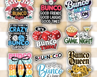 May include: A collection of colorful Bunco-themed stickers. Designs include dice, flamingos, and phrases like "Bunco Night," "Good Friends, Good Laughs, Good Times," and "Bunco Queen." The stickers are on a checkered background.