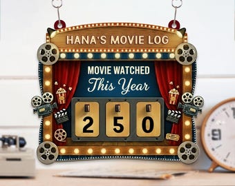 Personalized Movie Tracker Sign, Movies Watched This Year Counter, Custom Name Cinema Log Sign, Gift for Movie Lovers and Film Fans
