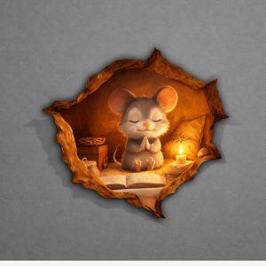 May include: A whimsical illustration of a gray mouse meditating with its eyes closed, hands clasped in prayer. The mouse is inside a cozy, warm-toned burrow, lit by a candle and a soft glow. An open book rests in front of the mouse.
