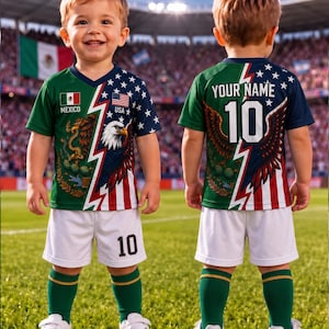 May include: A soccer jersey featuring a split design of the Mexican and American flags, with a bald eagle and Mexican coat of arms. The front displays the text MEXICO and USA with their respective flags. The back shows the text YOUR NAME and number 10.
