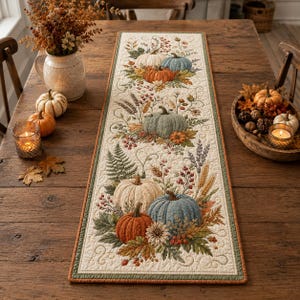 May include: A rectangular quilted table runner featuring a cream-colored background with an embroidered pattern of pumpkins in shades of orange, white, and blue, surrounded by autumn foliage, wheat stalks, and berries, finished with a green border.