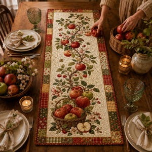 May include: A rectangular quilted table runner featuring a central design of an apple tree with red apples, green leaves, and white blossoms, ending in a basket of apples. The border consists of a patchwork pattern in red, green, and yellow.