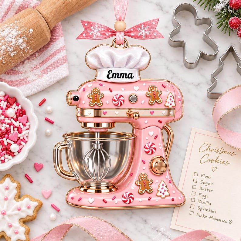 a pink and gold Christmas ornament shaped like a mixer, decorated with gingerbread men, candy canes, and other festive elements. The ornament is surrounded by various baking-related items, such as a cookie cutter, a bowl of sprinkles, and a note with a list of ingredients for making Christmas cookies.