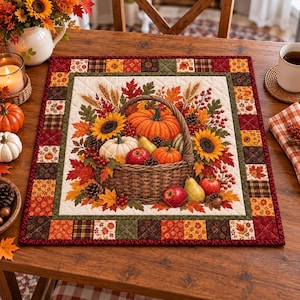 Fall Harvest Quilted Table Topper, Pumpkin Basket Autumn Table Mat, Thanksgiving Patchwork Decor, Farmhouse Fall Centerpiece
