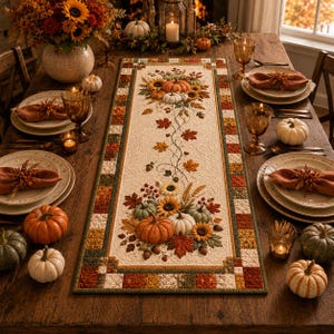 May include: A rectangular quilted table runner featuring a central cream-colored panel decorated with embroidered pumpkins, sunflowers, and autumn leaves. The runner is bordered by a patchwork pattern of squares in shades of orange, green, and brown.