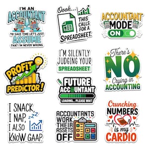 May include: A collection of colorful stickers with accounting-themed designs. The stickers feature phrases like "Accountant Mode On," "Profit Predictor," and "Crunching Numbers is my Cardio." Each sticker has a unique design and text.