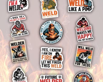 COMBO 12 PCS Welding Stickers Pack, Skull Welder Stickers, Retro Welder Helmet Stickers, Waterproof Stickers for Welders, Engineers, Hemlet