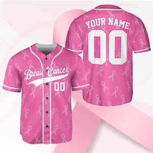 Personalized Breast Cancer Name And Number Baseball Jersey, Custom Pink Ribbon Baseball Jersey Shirt, Breast Cancer Warrior Jersey Gift