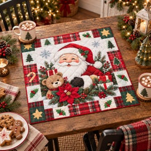 Christmas Santa Quilted Table Topper, Holiday Patchwork Table Mat, Farmhouse Christmas Decor, Santa Table Centerpiece, Winter Table Quilt