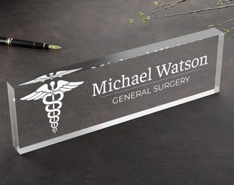Physician MD Doctor Glass Office Desk Name Plate, Clear PA Surgeon Nameplate, Medical Practitioner Appreciation Gift, Med School Graduation