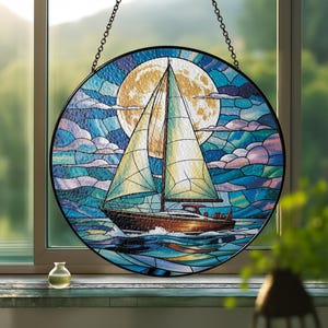 Sailboat Painted Stained Glass Suncatcher, Sailboat Home Decor, Window Hanging, Seascape Suncatcher, Ocean Wall Decor, Sailboat Lovers Gift