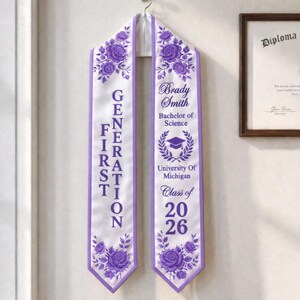 A purple graduation cap and gown with the text "Brady Smith" and "Bachelor of Science" printed on it, hanging on a wall.