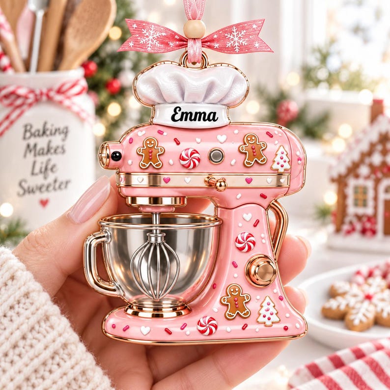 A hand holding a pink and gold ornament shaped like a pink and gold mixer with gingerbread men and other festive decorations.