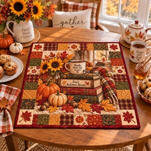 Personalized Fall Book Lover Quilted Table Topper, Custom Name Autumn Reading Table Mat, Cozy Bookish Fall Decor, Reader Gift