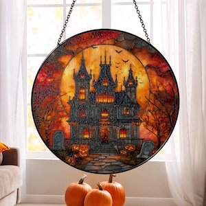 Haunted House Stained Glass Suncatcher, Spooky Pumpkin Home Decor, Halloween Suncatcher, Horror Fan, Halloween Gift Idea, Halloween Ornament