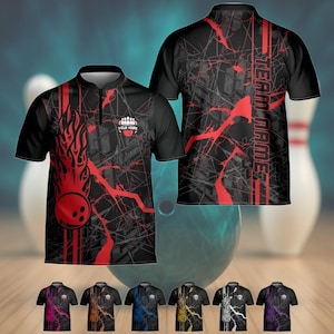 May include: Black bowling shirt with red flame and bowling ball graphic. The shirt has a zipper collar and the text "YOUR NAME" above a bowling pin graphic. The back of the shirt has the text "TEAM NAME" in red.