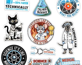 COMBO 10 Pcs Funny Science Lab Stickers - Kids to Adults, Physics, Biology, Chemistry Experiments - Waterproof Vinyl for Water Bottle