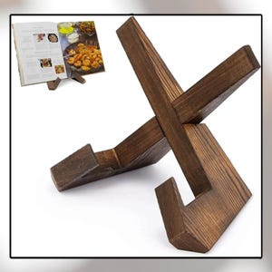 Rustic Brown Cookbook Stand for Kitchen - Handmade Wooden Recipe Book Holder