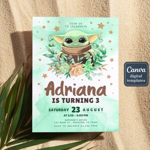 May include: A digital invitation featuring a green character with large eyes, surrounded by floral elements and stars. The invitation reads "Adriana is turning 3" with event details. The Canva digital templates logo is in the corner.