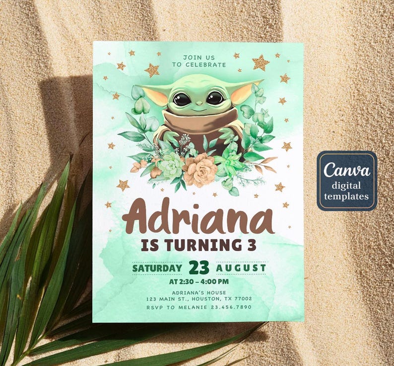 May include: A digital invitation featuring a green character with large eyes, surrounded by floral elements and stars. The invitation reads "Adriana is turning 3" with event details. The Canva digital templates logo is in the corner.