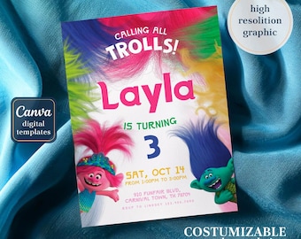 Editable trolls Invite, Printable birthday invitation, Girl Birthday, Electronic invitation, poppy Invite templatetemplate, trolls party