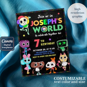 May include: Black invitation with colorful cartoon characters and text that reads "Join us in JOSEPH'S WORLD to celebrate together his 7th Birthday". Includes RSVP information and "COSTUMIZABLE text color and size".
