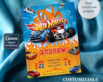 May include: A Hot Wheels-themed birthday invitation with a blue background, featuring race cars, flames, and the text "ANDREW IS TURNING 7!" The invitation includes details for the party, such as the date, time, and location.