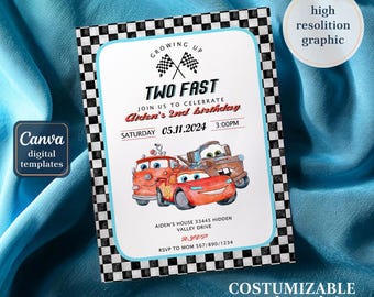 Cars invitation, Lightning Mcqueen invite, Printable Birthday Party Invitation, 2 fast 2 furious racing invite template, 2nd birthday boy